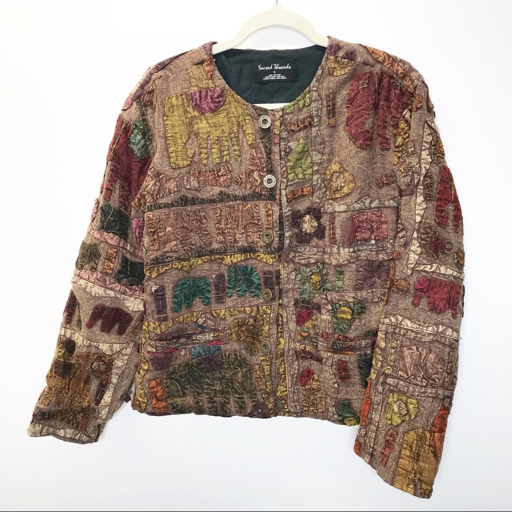 Sacred Threads Patchwork Utility Jacket in Brown, Green, Red, Gold